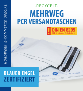 Versandtaschen aus PCR mit Umweltzertifikat blauer Engel. Recycelbare Verpackung aus nachhaltigem Regranulat