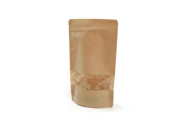 Braune Standbodenbeutel aus Kraftpapier mit Logodruck