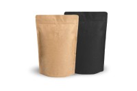 Standbodenbeutel (Kaffeebeutel) Aromaschutz und Ventil. Kraftpapier in schwarz und braun.