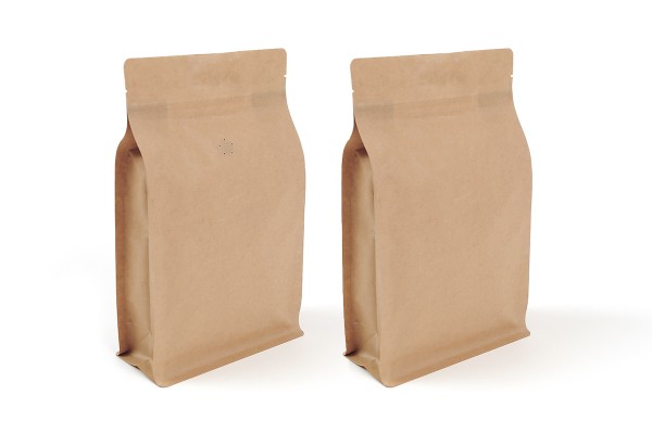 Doybags / Standbodenbeutel aus Kraftpapier mit Seitenfalte wahlweise mit Aromaventil und Blockboden Lebensmittel geeignet. Wiederverschlissbarer ZIP-Verschluss. Schweißbar
