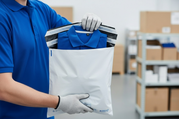 Mitarbeiter im Lager verpackt ein Shirt in eine ECOMAILER® Versandtasche