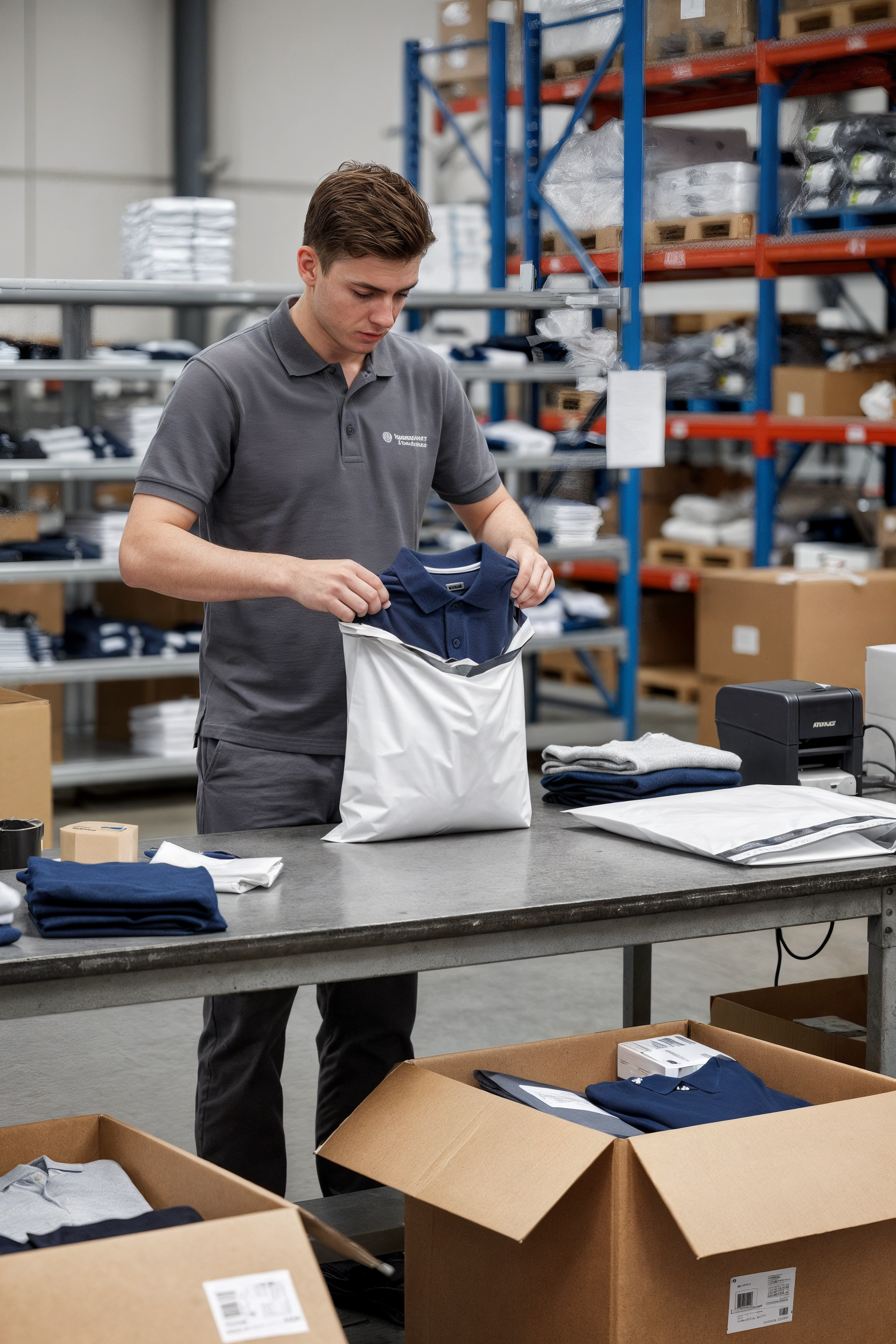 Mit KI erstelltes Bild: Mitarbeiter am Packtisch steckt ein Poloshirt in eine weiße FOLIENMAILER Versandtasche