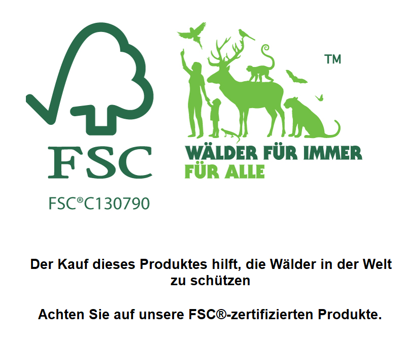 FSC®-Zeichen mit Lizenzcode FSC® C130790 und dem Hinweis „Wälder für immer für alle“