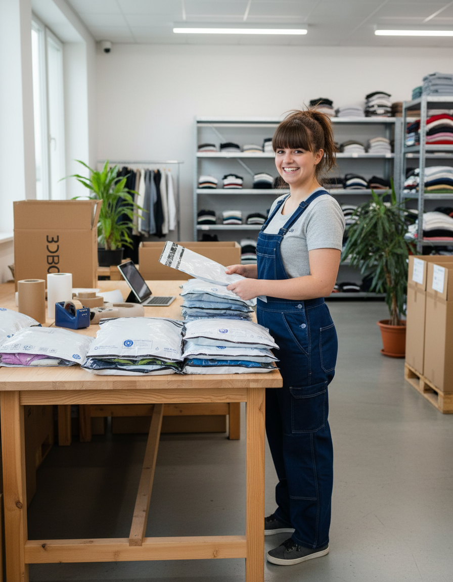 Mit KI erstelltes Bild: Mitarbeiterin im Lager eines Modeversands zeigt eine ECOMAILER Versandtasche, vor ihr gefüllte Versandtaschen mit Kleidung