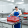 Female employee placing an HDPE gusseted bag as a liner in an E2 crate
