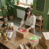 Mitarbeiterin klebt eine Lieferscheintasche aus Papier auf ein Paket