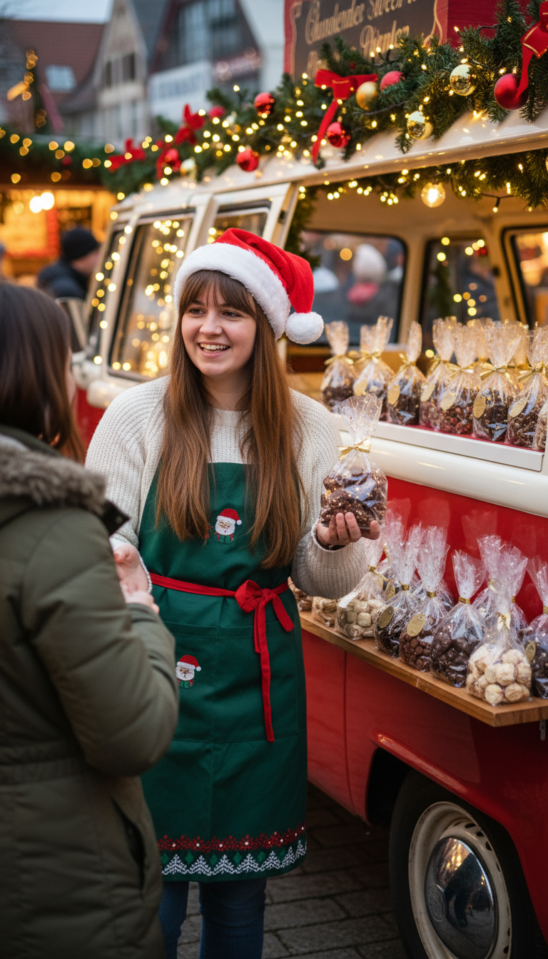 Mit KI erstelltes Bild: Weihnachtsmarktstand mit Gebäck in OPP-Kreuzbodenbeuteln mit Motiv Goldsterne