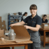 Mitarbeiterin wickelt eine Vase in braunes geripptes Packpapier