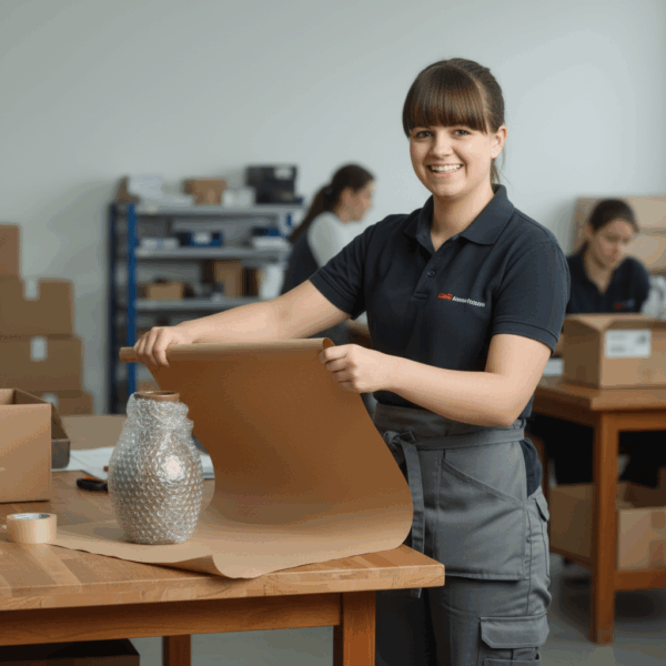 Mitarbeiterin wickelt eine Vase in braunes geripptes Packpapier