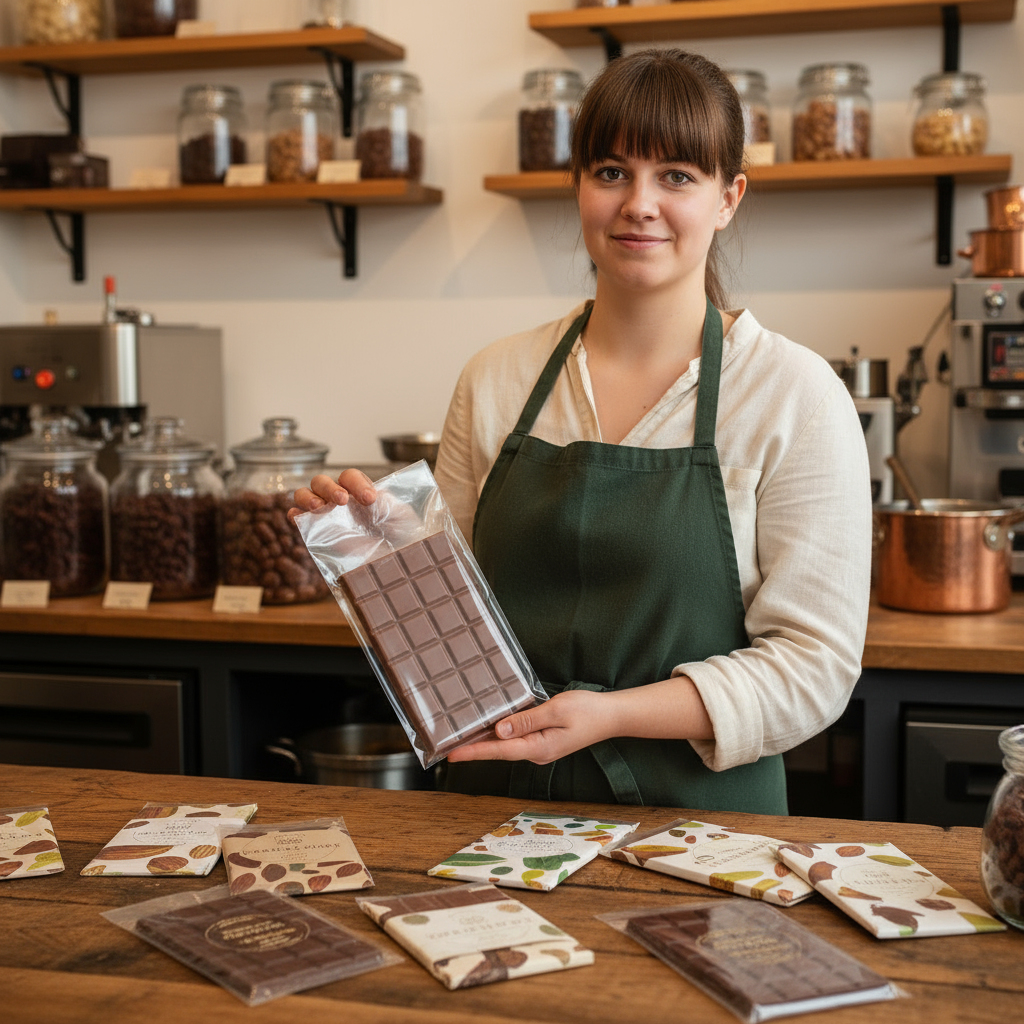 Mit KI erstelltes Bild: Verkäuferin zeigt eine Schokoladentafel in einem hochtransparenten Flachbeutel aus Zellglas
