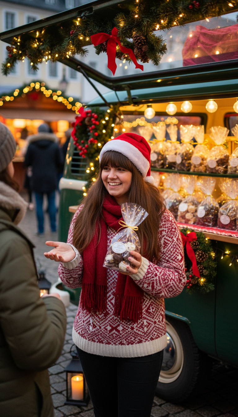 Mit KI erstelltes Bild: Verkäuferin auf dem Weihnachtsmarkt mit einem Kreuzbodenbeutel mit Motivdruck