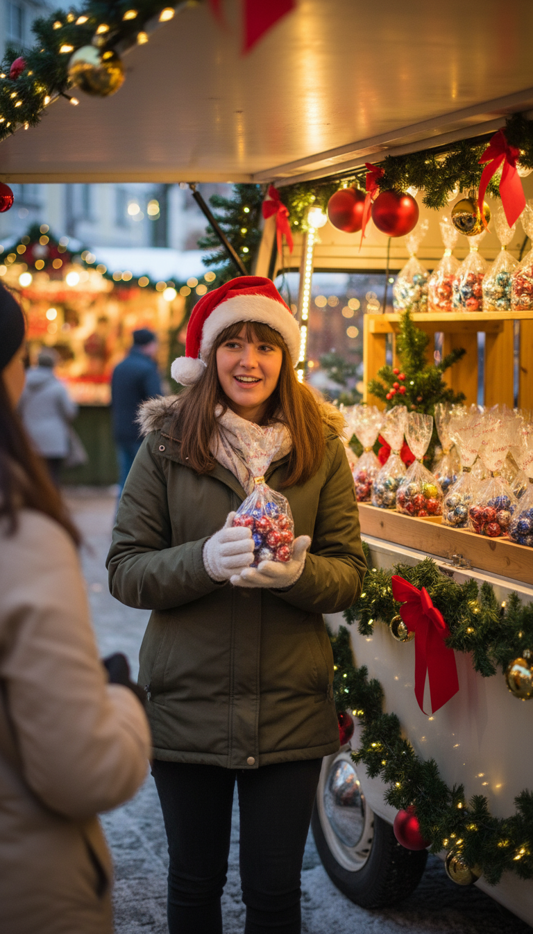 Mit KI erstelltes Bild: Verkäuferin auf dem Weihnachtsmarkt mit einem OPP-Kreuzbodenbeutel mit Motiv „Merry Christmas“