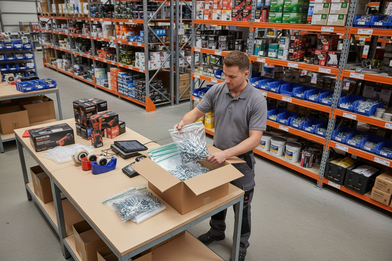 Mit KI erstelltes Bild: Mitarbeiter verpackt Ware in Druckverschlussbeutel aus recycelter LDPE-Folie