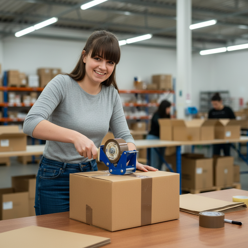 AI-generated image: Female employee sealing a cardboard box with packing tape and a handheld dispenser