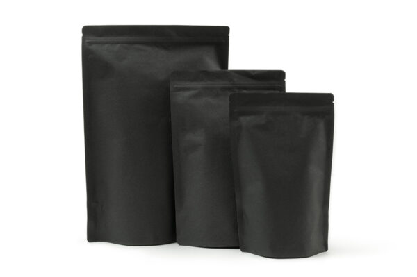 Aluminiumfreie Standbodenbeutel in schwarz mit Aromaventil