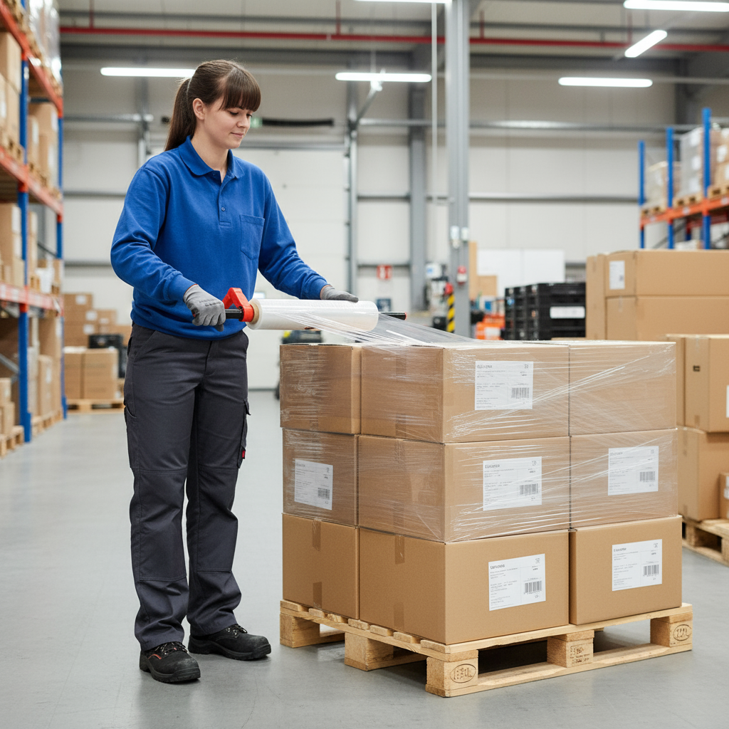 AI-generated image: Employee securing a pallet with stretch film and a hand dispenser