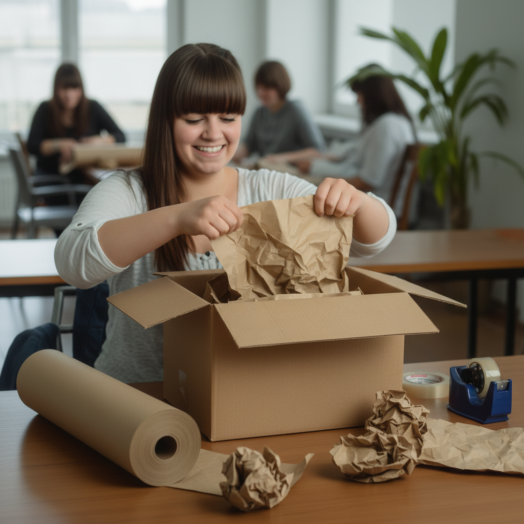 Mit KI erstelltes Bild: Frau polstert einen Versandkarton mit Schrenzpapier von der Secarerolle aus