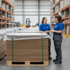Pallets with pallet cover sheets in the warehouse