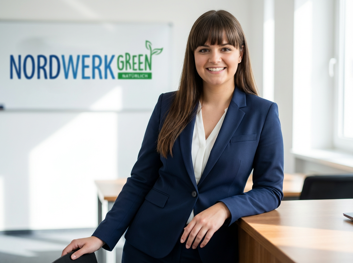 Mit KI erstelltes Bild: Mitarbeiterin von Nordwerk Verpackungen lehnt lächelnd an einem Schreibtisch, an der Wand das Logo NORDWERK GREEN