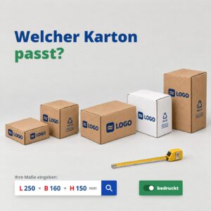 Bedruckte Faltkartons mit Logo und Materialkennzeichnung, Maßband – Kartonfinder: Welcher Karton passt?