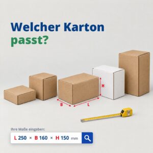 Kartonfinder: Faltkartons in verschiedenen Größen mit Maßpfeilen für Länge, Breite und Höhe und einem Eingabefeld für die Maße
