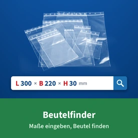 Bag Finder: transparent grip seal bags in various sizes and an input field for length, width and height