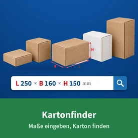 Box Finder: Cardboard boxes in various sizes and a field for entering length, width, and height—enter the dimensions, find a box